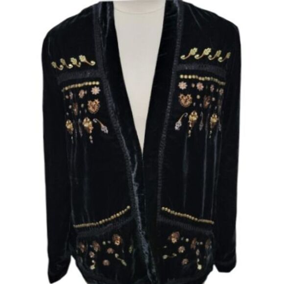 Vintage America Black Velvet Embroidered Jacket Bohemian Style Size L Preowned. - Picture 9 of 9
